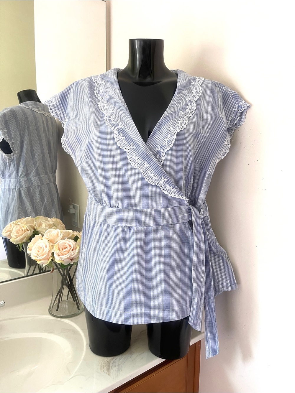 TOMMY HILFIGER Women’s Top XL Blue Blouse Cotton Wrap Top Shirt